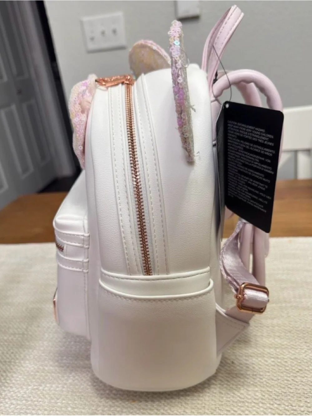 Loungefly White Mini Backpack with Pink Sequin Ears & Bow